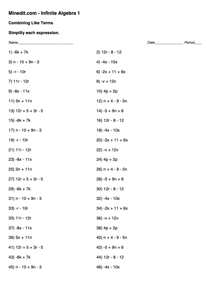 Combining Like Terms Worksheet